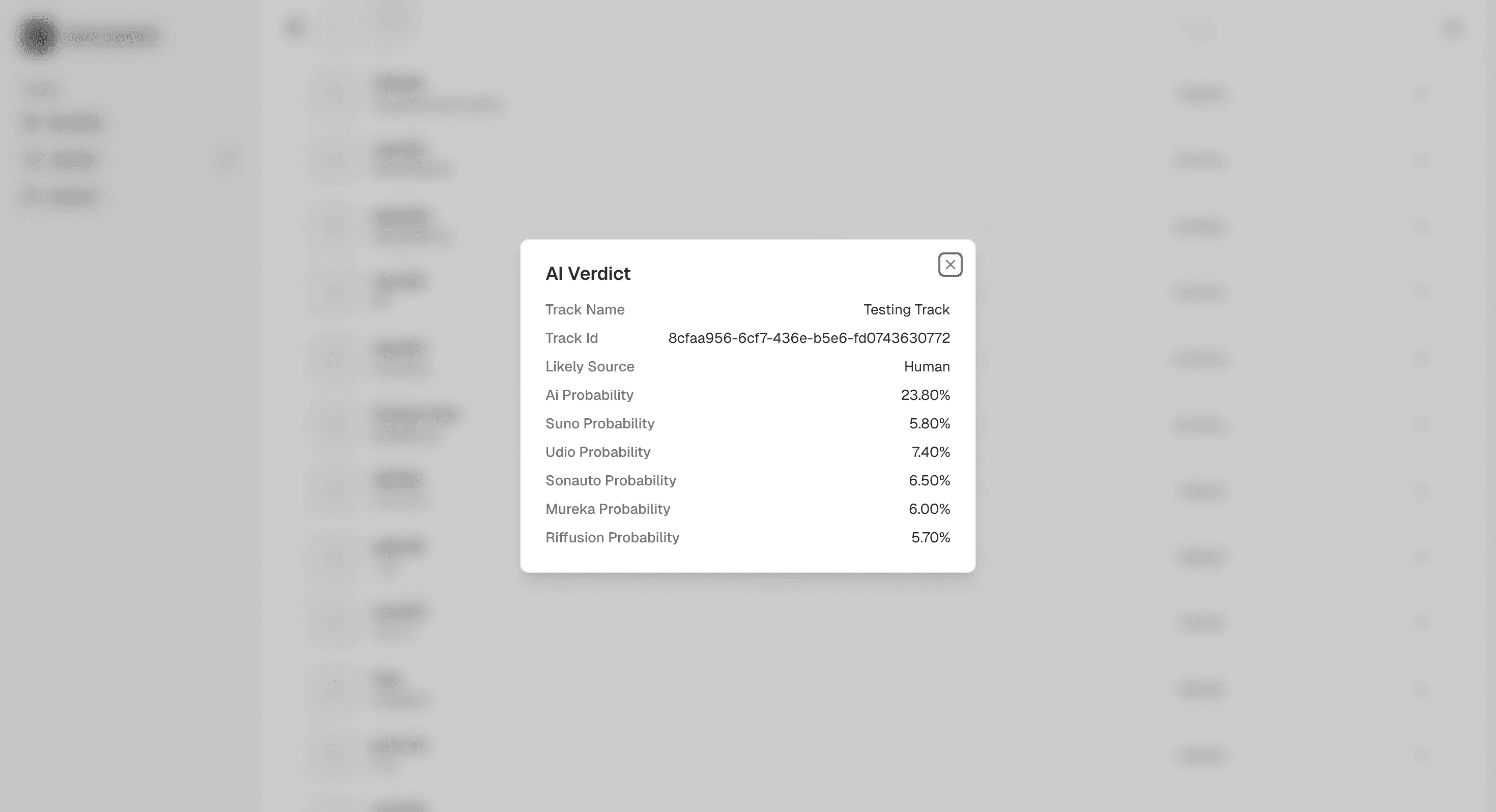 Beatlibrary AI verdict panel showing provenance scores for a track